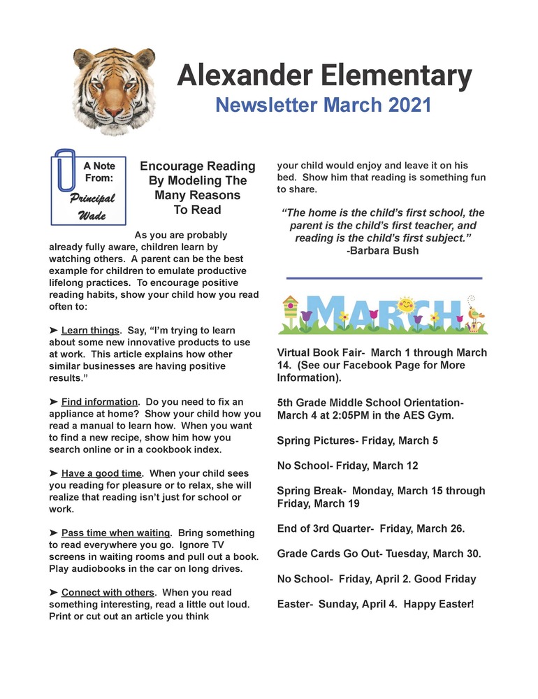 Alexander Elementary Newsletter March 2021