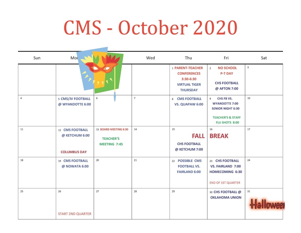 CMS OCTOBER CALENDAR '20 Commerce Public Schools