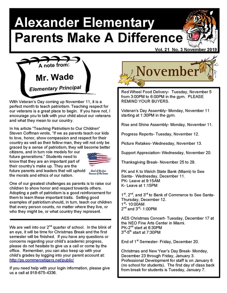 Parents Make A Difference Newsletter For November 19 Alexander Elementary School