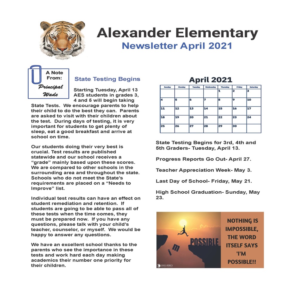 Alexander Elementary Newsletter April 2021